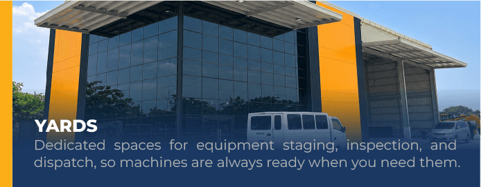Yards — dedicated spaces for equipment staging, inspection, and dispatch, so machines are always ready when you need them.