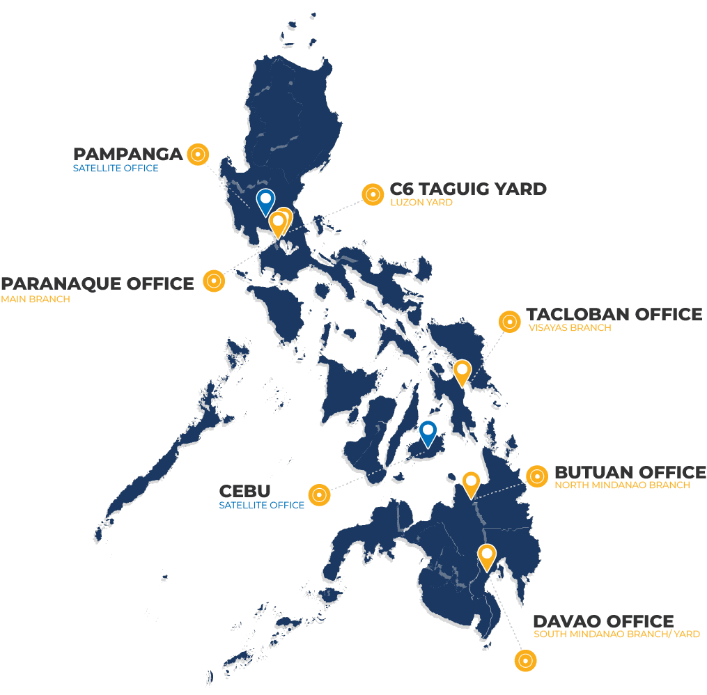 Map of ICON facilities across the Philippines: Parañaque main office, Pampanga satellite office, C6 Taguig yard, Cebu satellite office, Tacloban office, Butuan office, and Davao office and yard