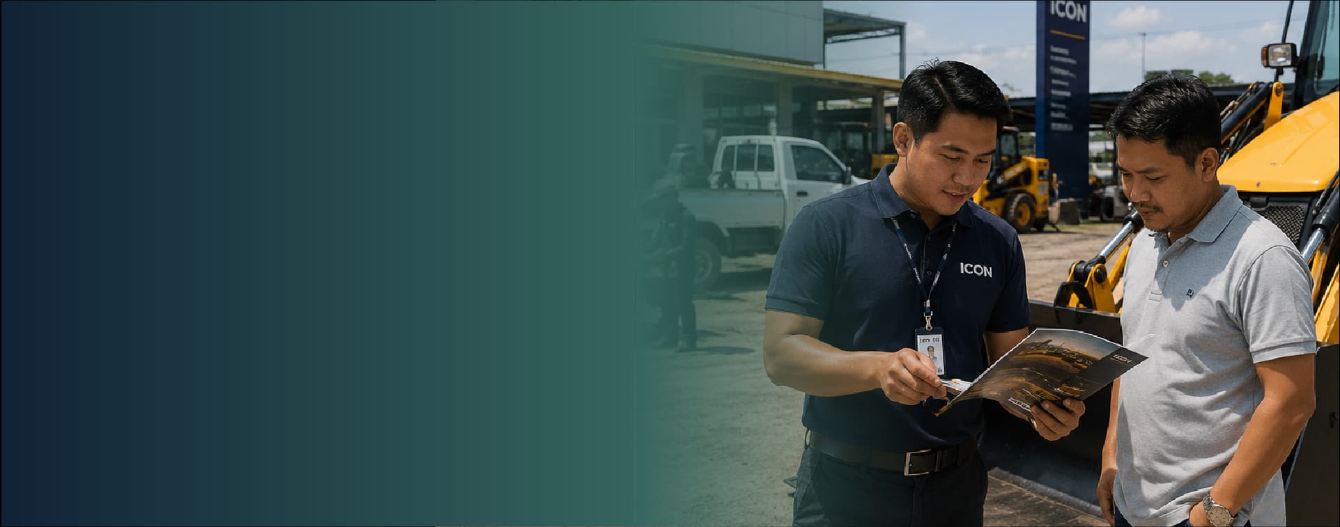 Distributor reviewing the ICON equipment catalog at the dealership yard