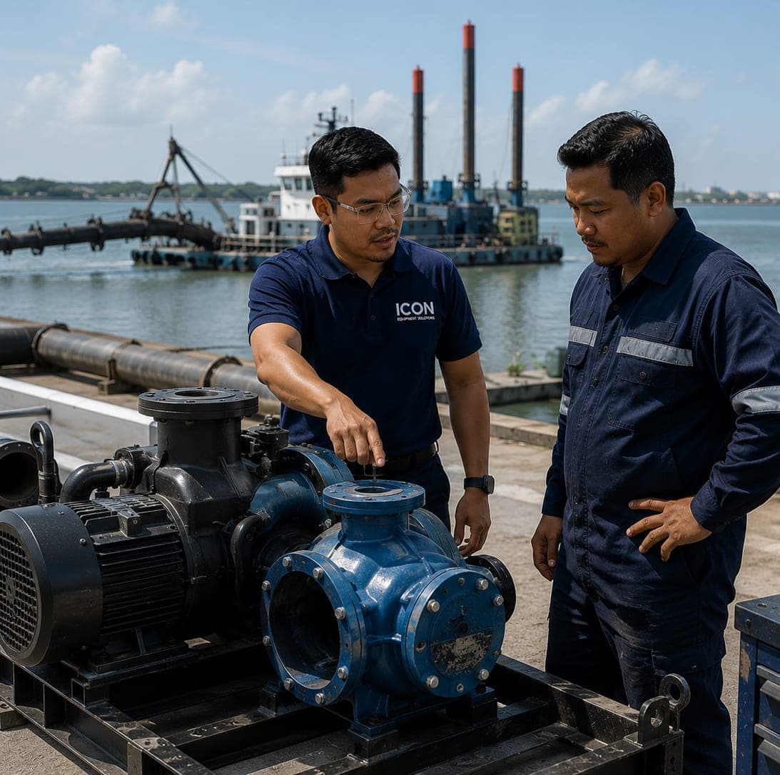 ICON engineer presenting marine pumps at the dockside