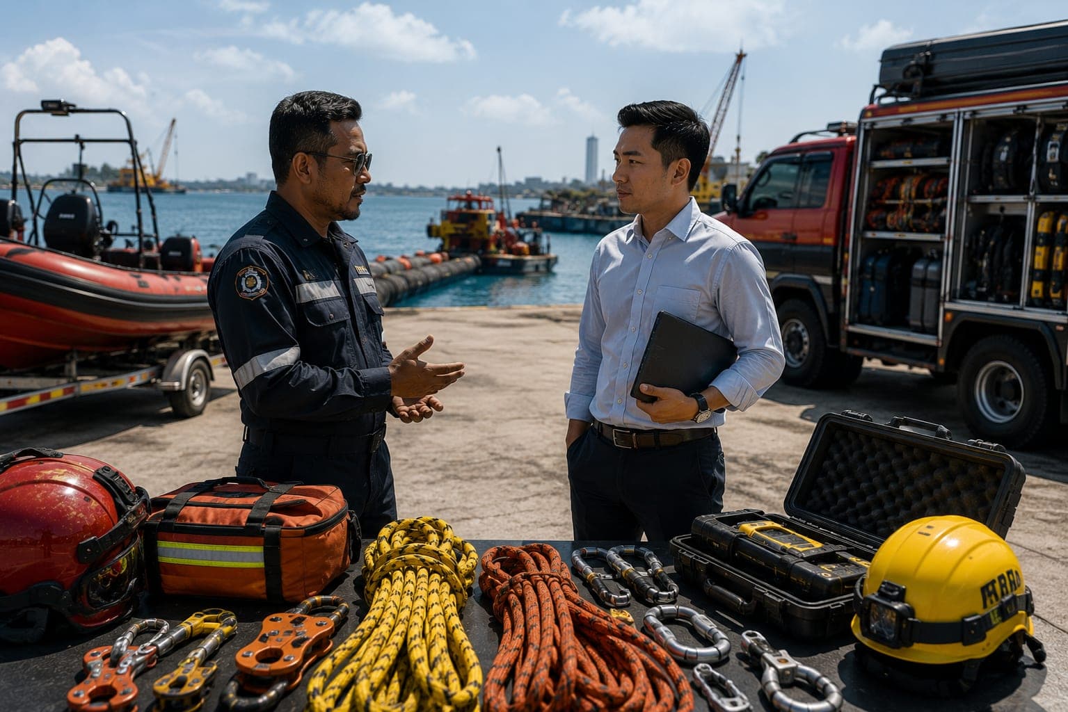 Trading and safety equipment consultation at the port